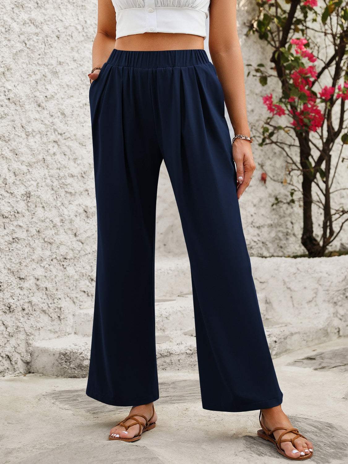 Elastic Waist Wide Leg Pants - Trendsi - Flyclothing LLC