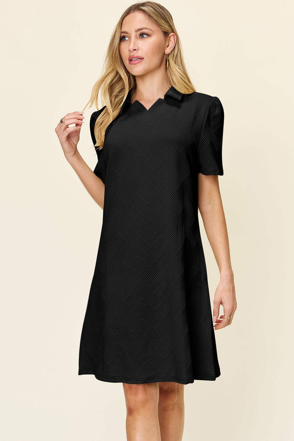 Double Take Full Size Texture Collared Neck Short Sleeve Dress - Trendsi - Flyclothing LLC