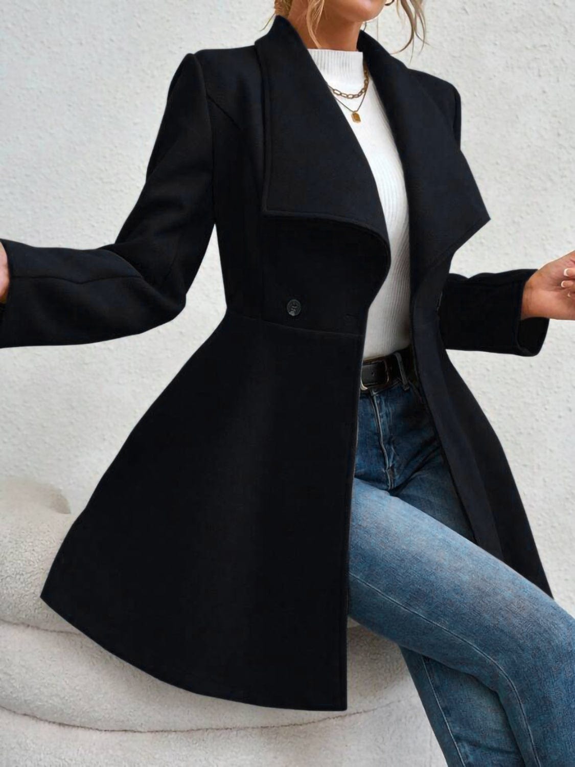 Collared Neck Button Up Long Sleeve Coat - Trendsi
