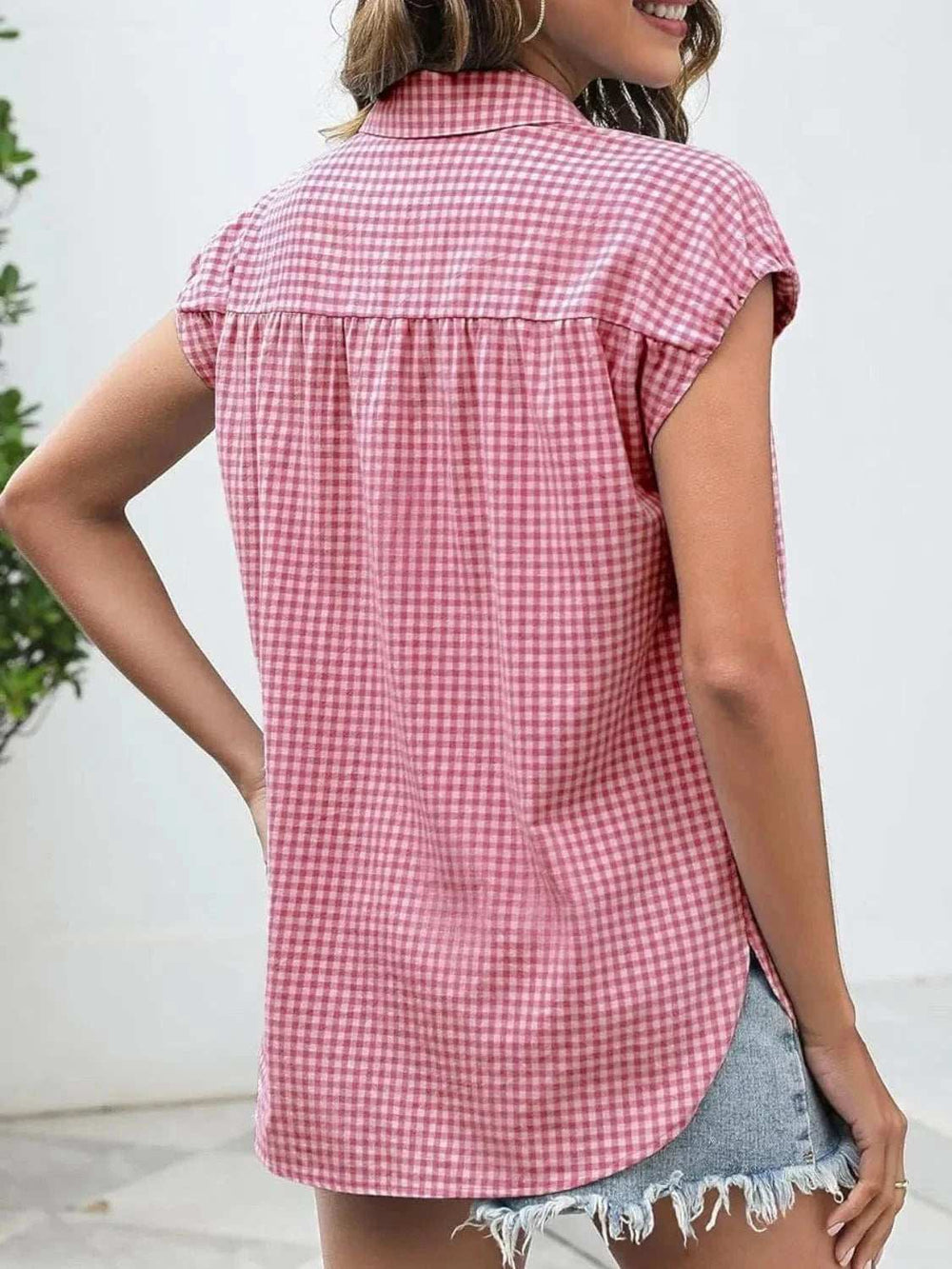 Plaid Button Up Cap Sleeve Shirt - Trendsi - Flyclothing LLC