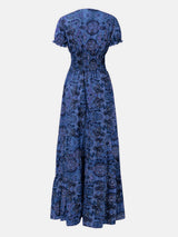 Full Size Smocked Printed V-Neck Short Sleeve Dress - Trendsi - Flyclothing LLC