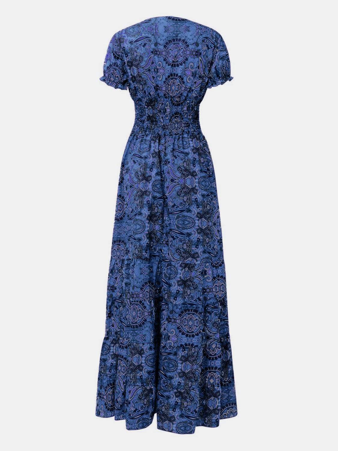 Full Size Smocked Printed V-Neck Short Sleeve Dress - Trendsi - Flyclothing LLC