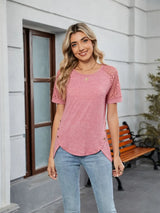Round Neck Lace Short Sleeve T-Shirt - Trendsi - Flyclothing LLC