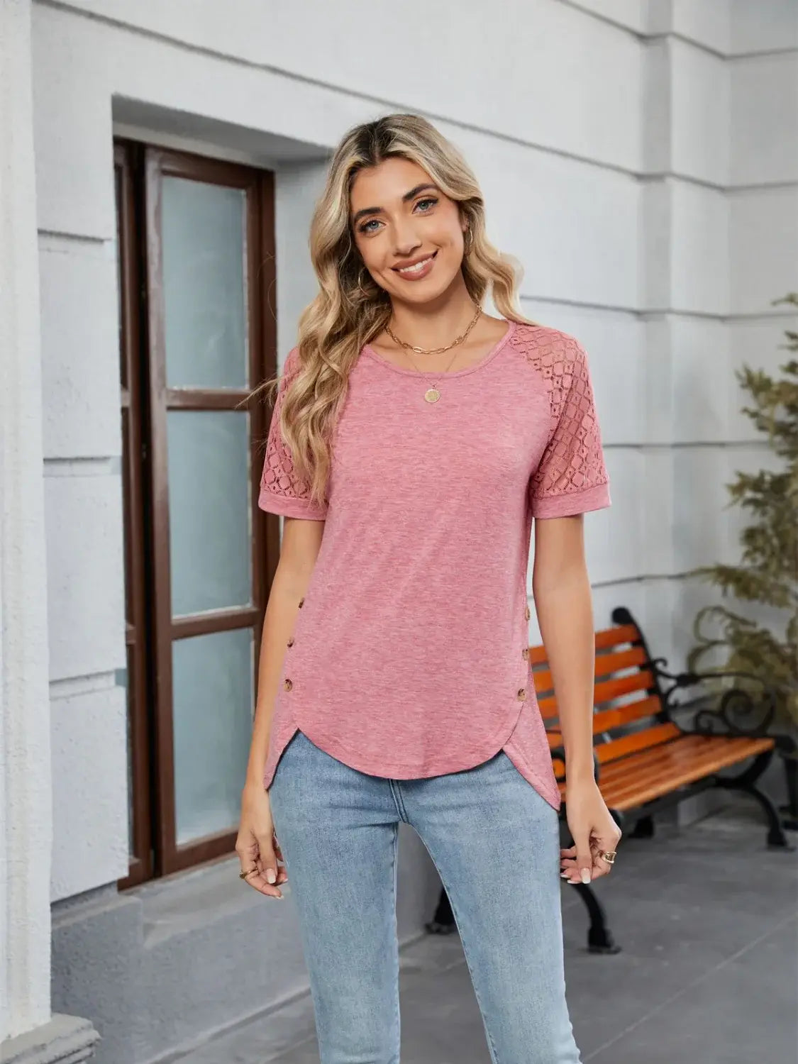 Round Neck Lace Short Sleeve T-Shirt - Trendsi - Flyclothing LLC