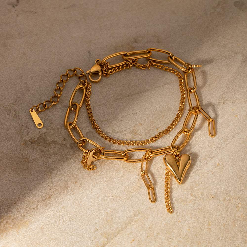 Stainless Steel Double Layered Charm Bracelet - Trendsi - Flyclothing LLC