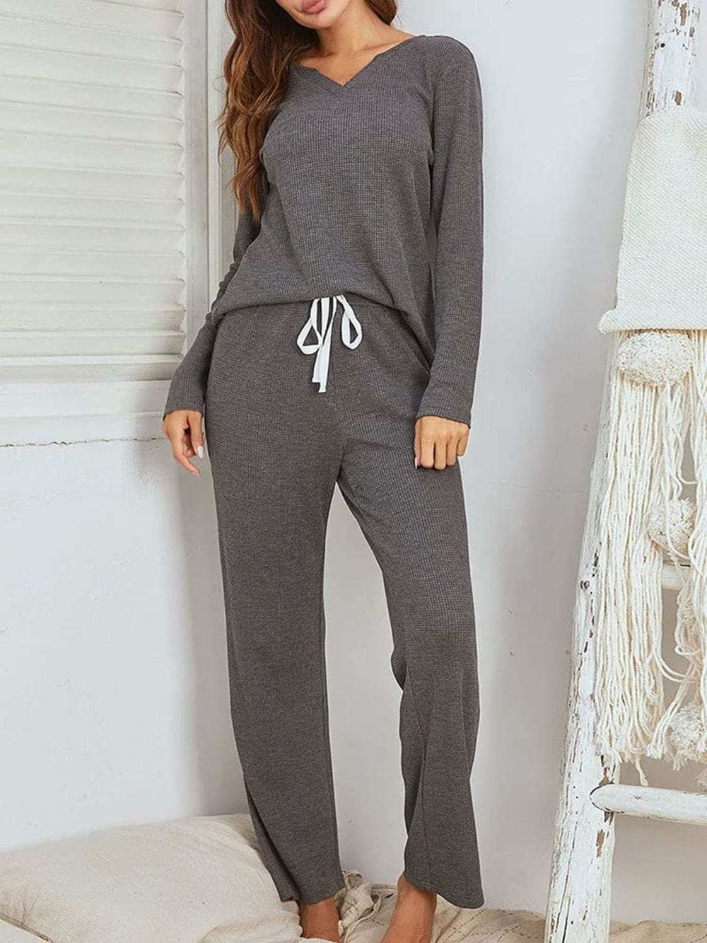 Notched Long Sleeve Top and Pants Set - Trendsi - Flyclothing LLC