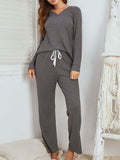 Notched Long Sleeve Top and Pants Set - Trendsi