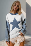 Double Take Full Size Star Pattern Raw Edge Long Sleeve Sweater - Trendsi - Flyclothing LLC