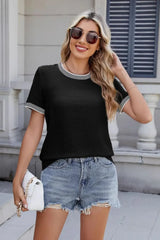 Contrast Trim Round Neck Short Sleeve T-Shirt - Trendsi - Flyclothing LLC