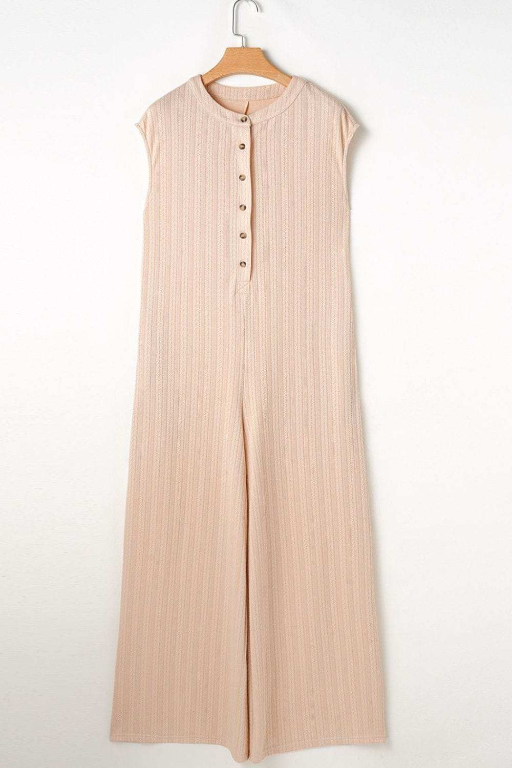 Textured Button Front Wide Leg Cap Sleeve Jumpsuit - Trendsi - Flyclothing LLC