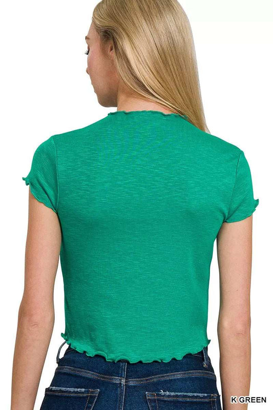 Zenana Cotton Modal Slub Lettuce Trimmed Cropped T-Shirt - Trendsi - Flyclothing LLC