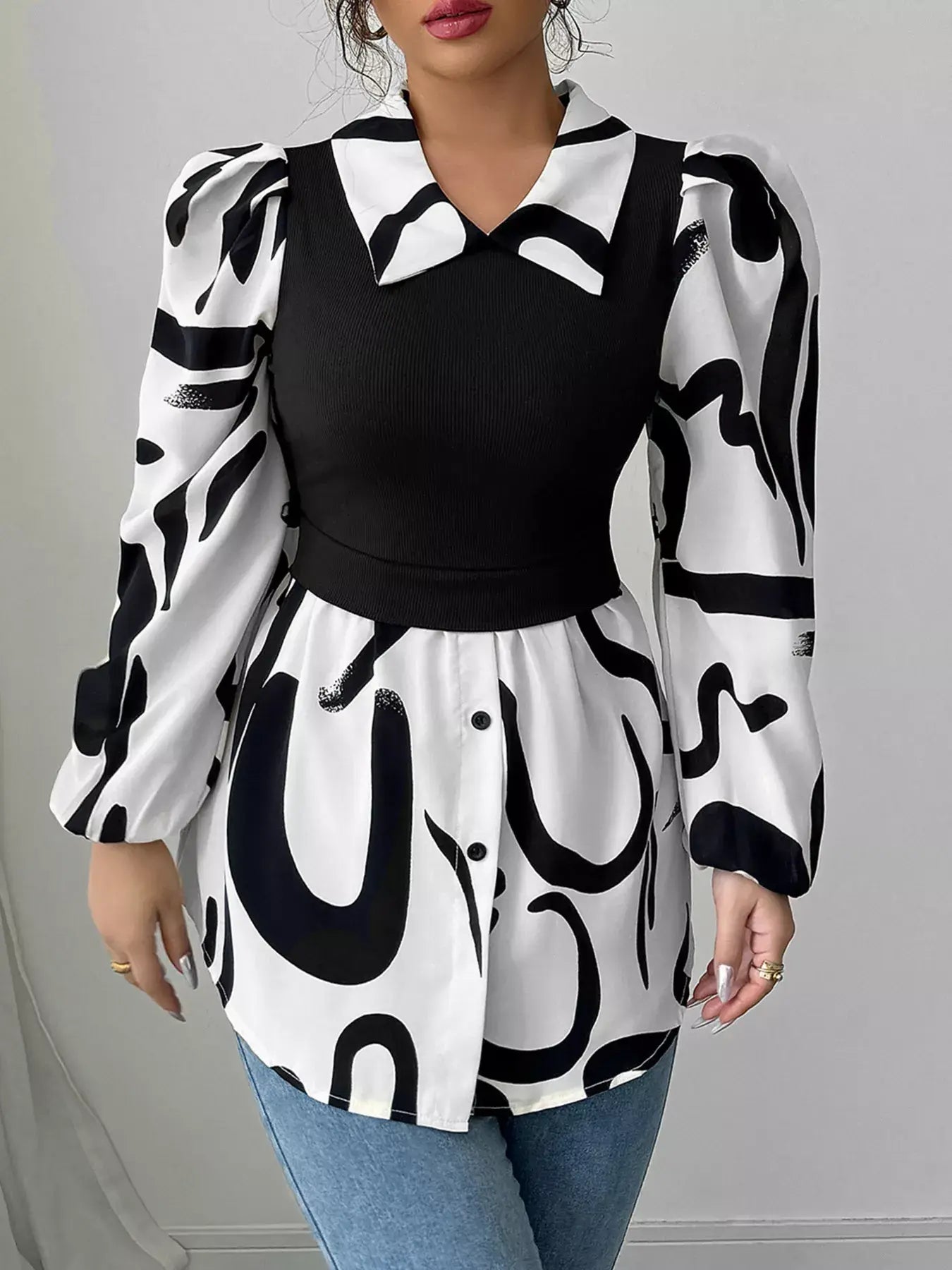 Abstract Print Long Sleeve Blouse - Trendsi - Flyclothing LLC