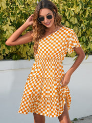 Checkered Single Shoulder Mini Dress - Trendsi