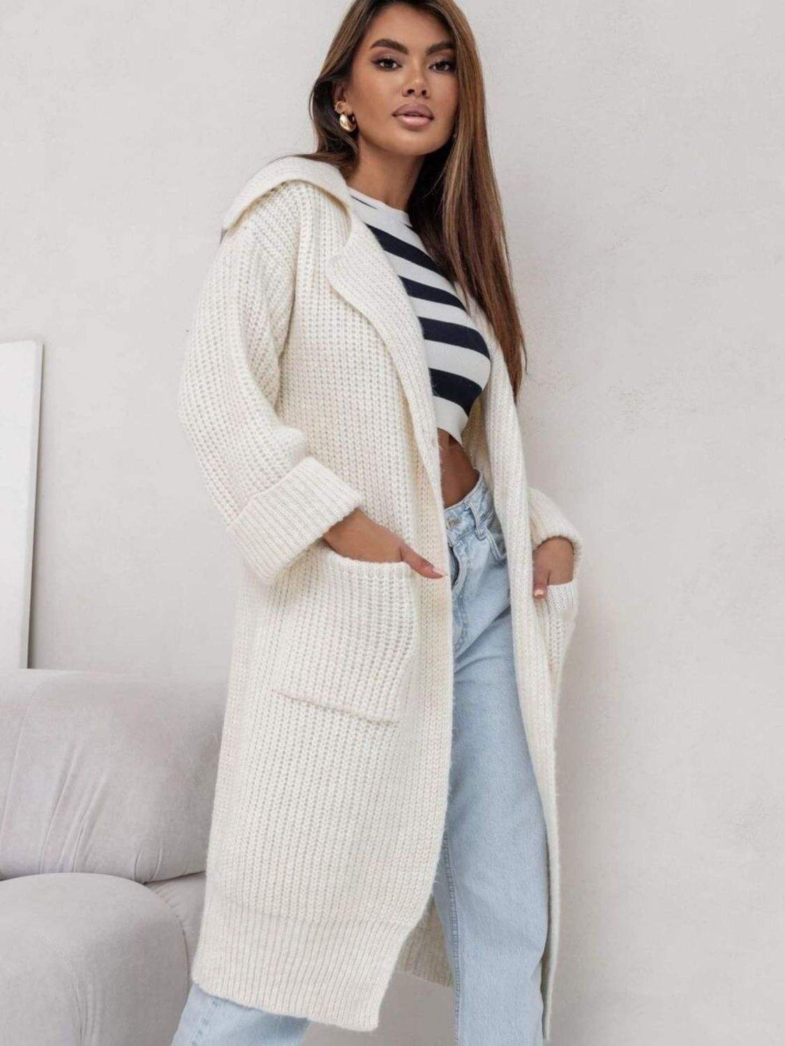 Pocketed Collared Neck Dropped Shoulder Cardigan - Trendsi - Flyclothing LLC