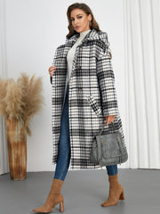 Plaid Double-Breasted Long Sleeve Longline Coat - Trendsi