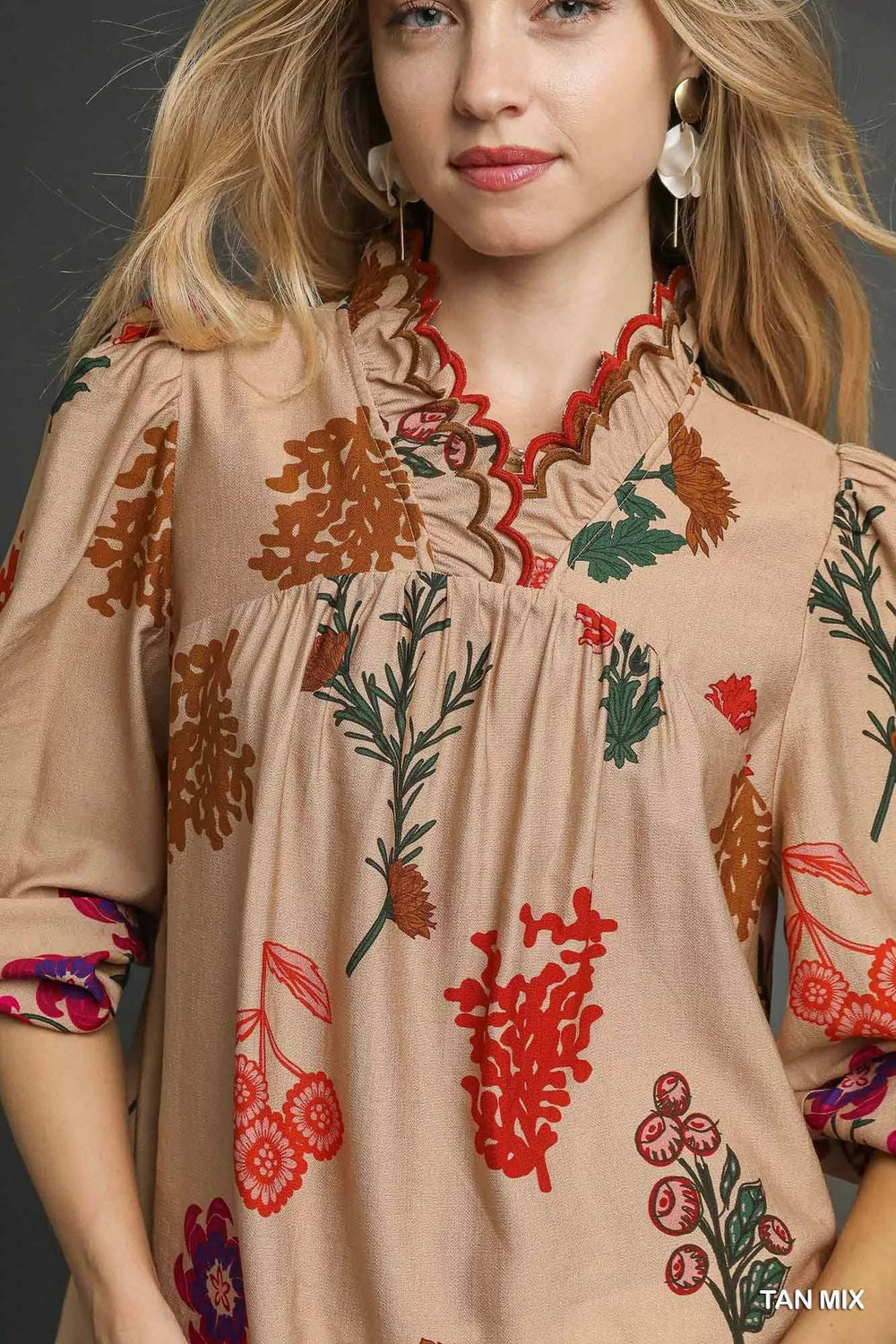 Umgee Flower Print Blouse with Scalloped Neckline - Trendsi - Flyclothing LLC