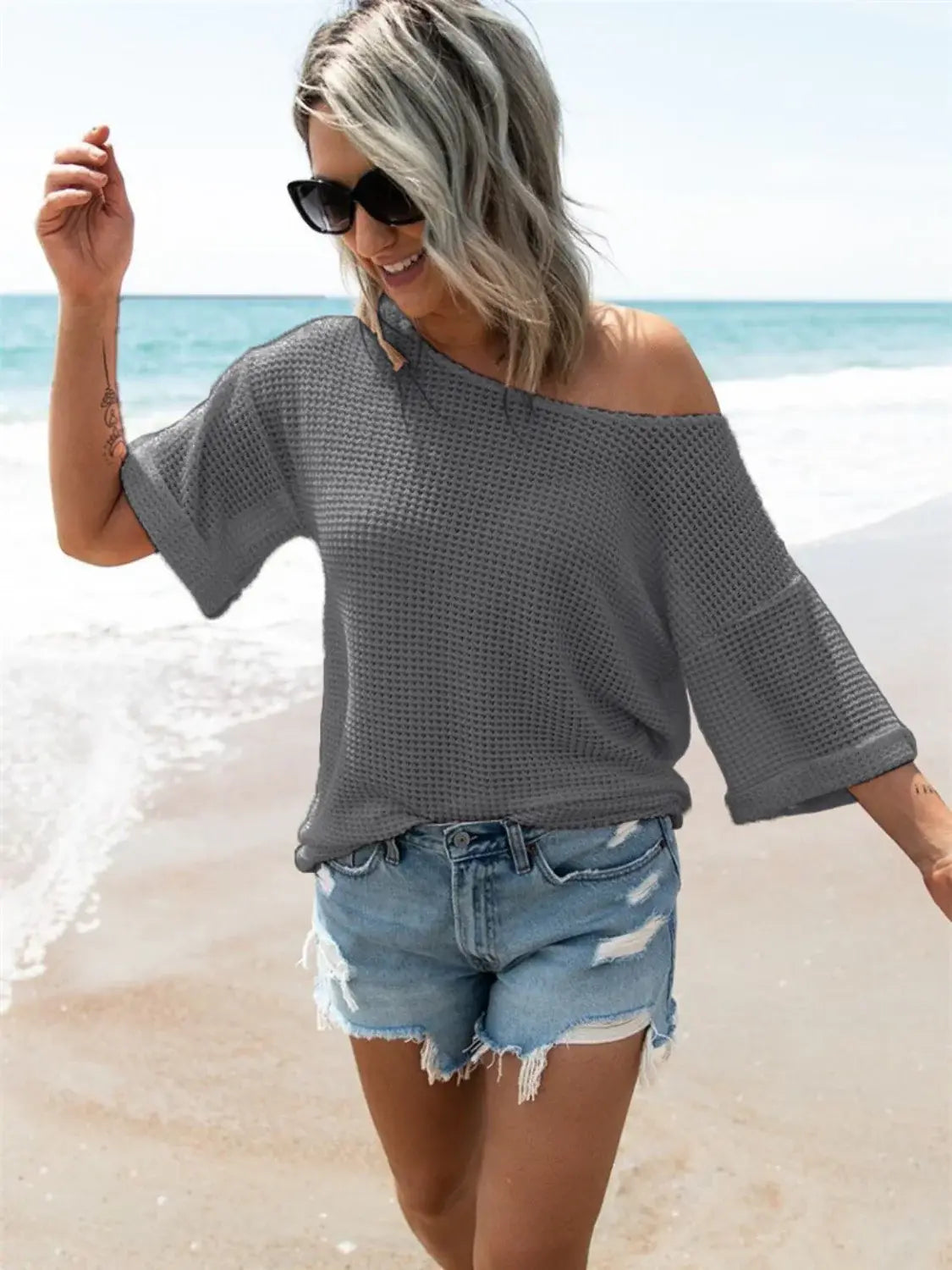 Waffle Knit Boat Neck Half Sleeve T-Shirt - Trendsi - Flyclothing LLC