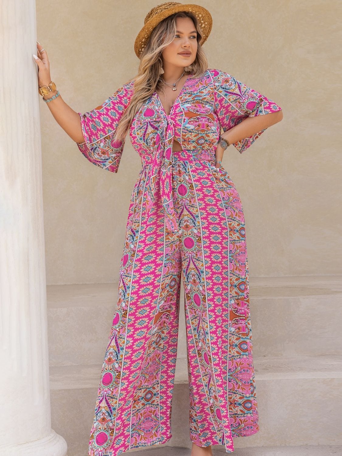 Plus Size Printed Half Sleeve Wide Leg Jumpsuit - Trendsi