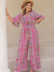 Plus Size Printed Half Sleeve Wide Leg Jumpsuit - Trendsi