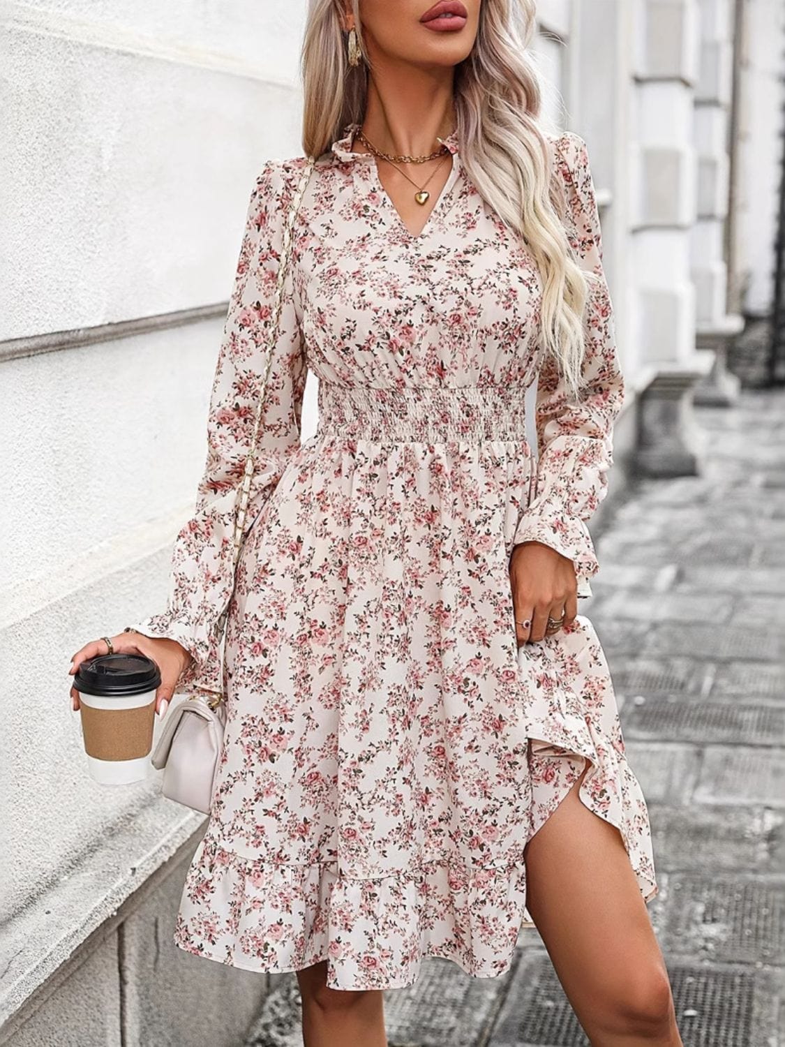 Ruffle Hem Floral Surplice Long Sleeve Dress - Trendsi