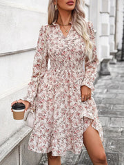 Ruffle Hem Floral Surplice Long Sleeve Dress - Trendsi