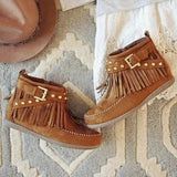 Fringe Studded Suede Flat Boots - Trendsi - Flyclothing LLC