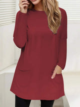 Full Size Pocketed Round Neck Long Sleeve T-Shirt - Trendsi - Flyclothing LLC