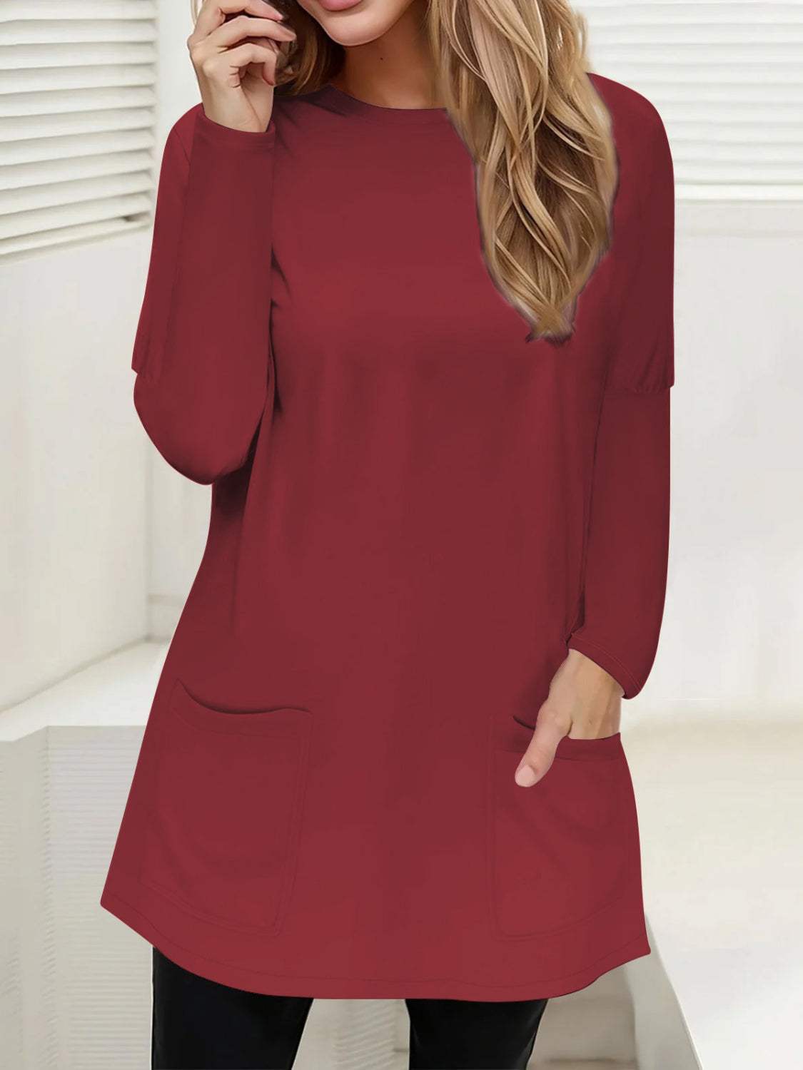 Full Size Pocketed Round Neck Long Sleeve T-Shirt - Trendsi - Flyclothing LLC