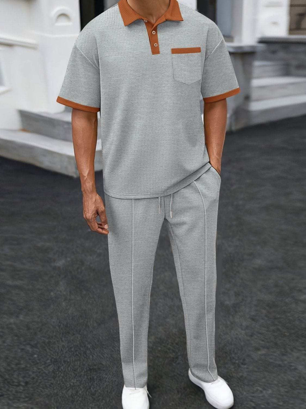 Men's Full Size Waffle-Knit Contrast Polo and Pants Set Plus Size - Trendsi - Flyclothing LLC