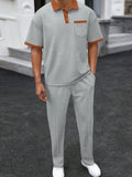 Men's Full Size Waffle-Knit Contrast Polo and Pants Set Plus Size - Trendsi