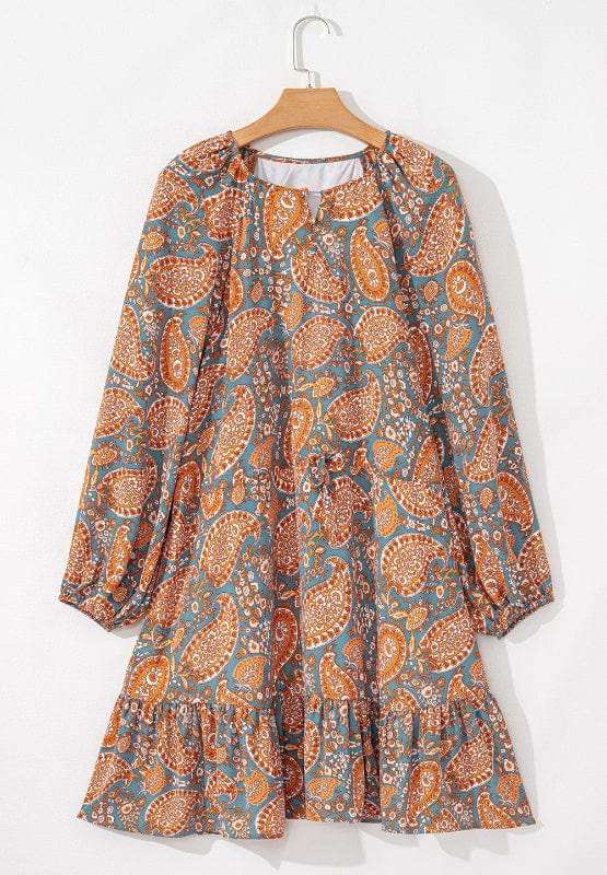 Ruffle Hem Printed Long Sleeve Dress - Trendsi - Flyclothing LLC