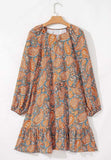 Ruffle Hem Printed Long Sleeve Dress - Trendsi - Flyclothing LLC
