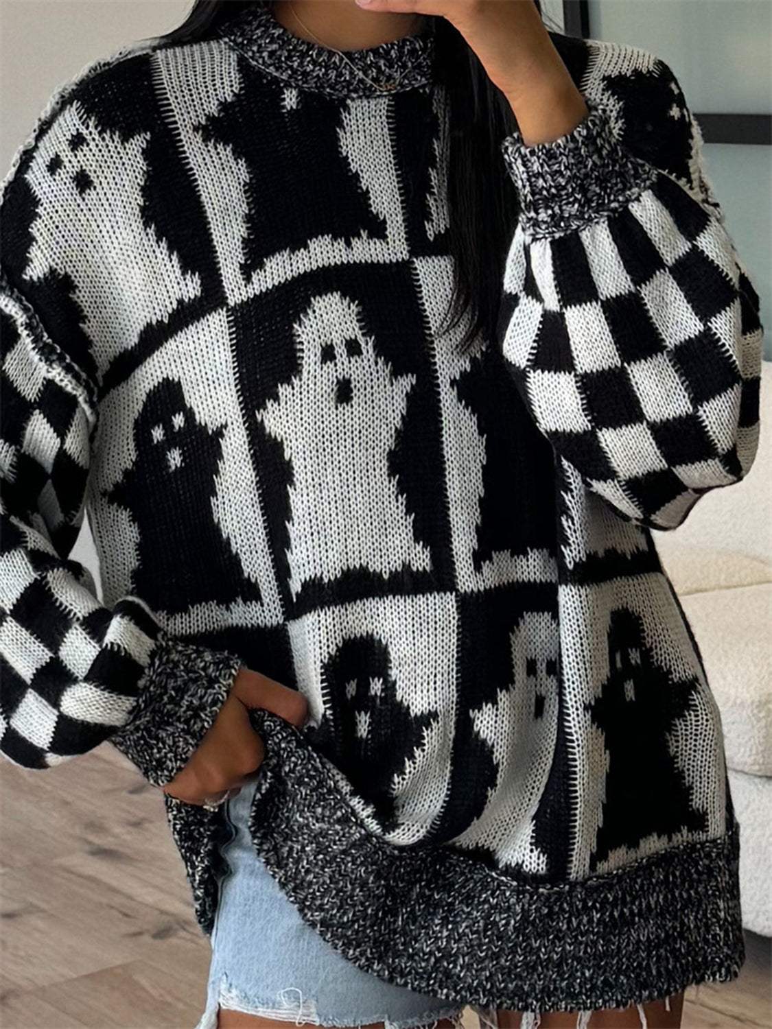 Ghost Dropped Shoulder Long Sleeve Sweater - Trendsi - Flyclothing LLC