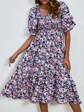 Smocked Floral Square Neck Short Sleeve Dress - Trendsi - Flyclothing LLC
