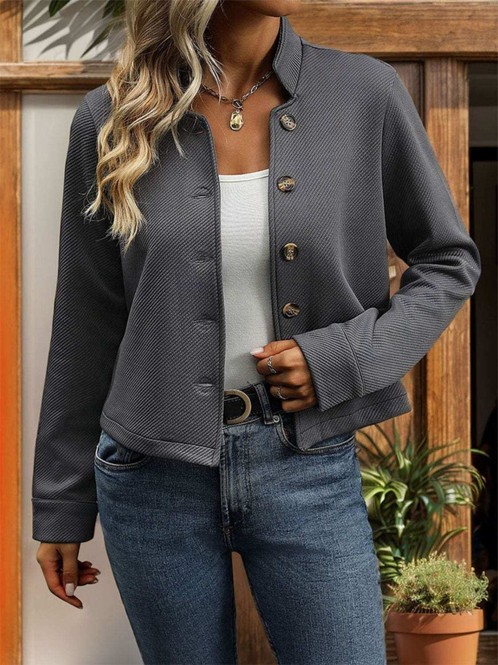 Textured Button Up Long Sleeve Jacket - Trendsi - Flyclothing LLC