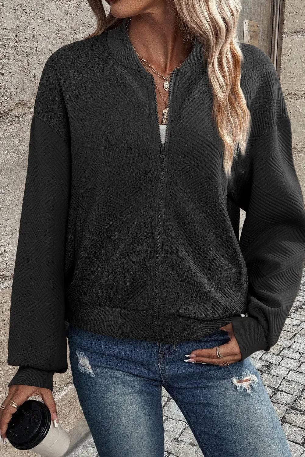 Textured Zip Up Baseball Collar Jacket - Trendsi - Flyclothing LLC