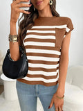 Striped Mock Neck Cap Sleeve Knit Top - Trendsi