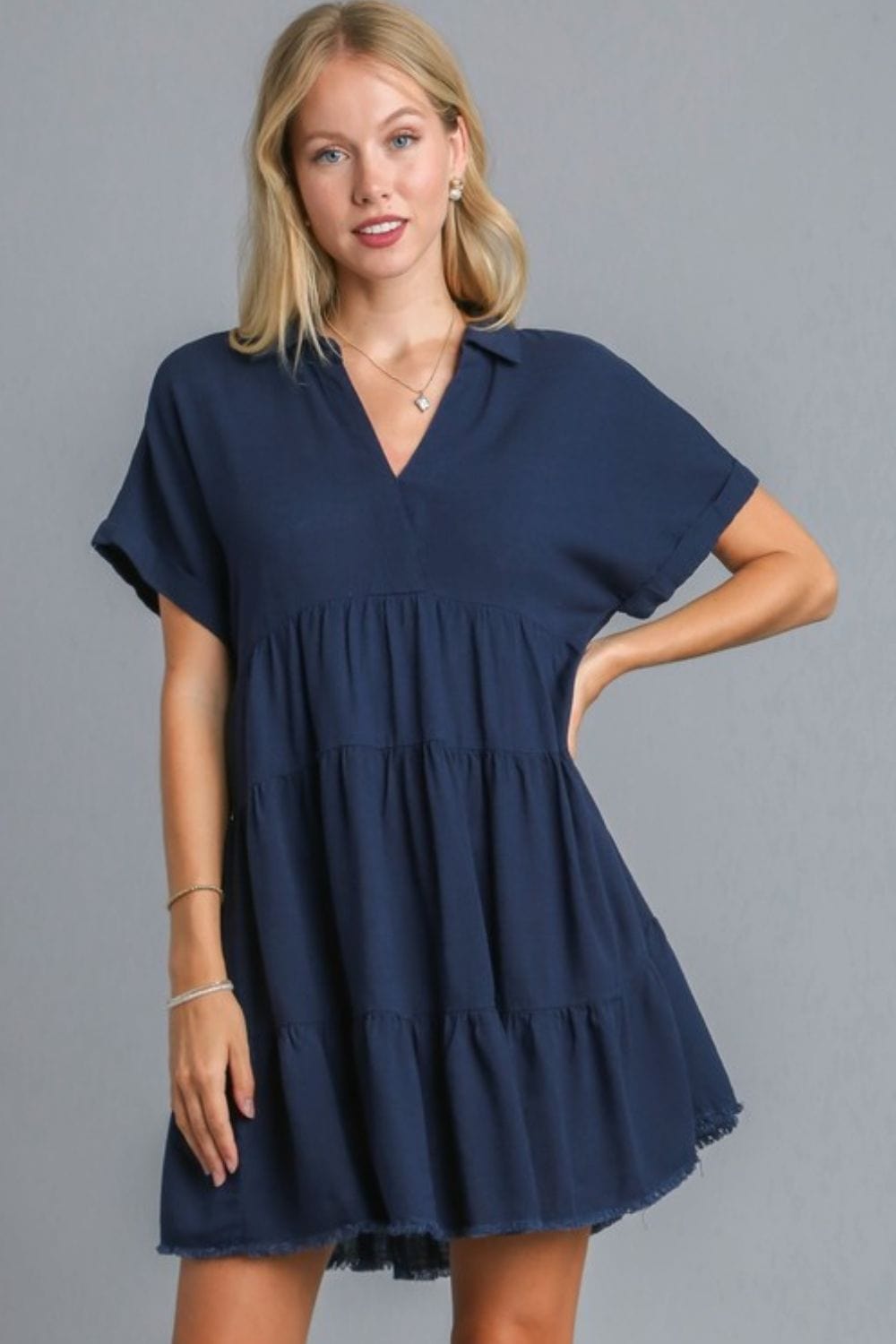 Umgee Full Size Raw Hem Folded Sleeve Tiered Dress Plus Size - Trendsi