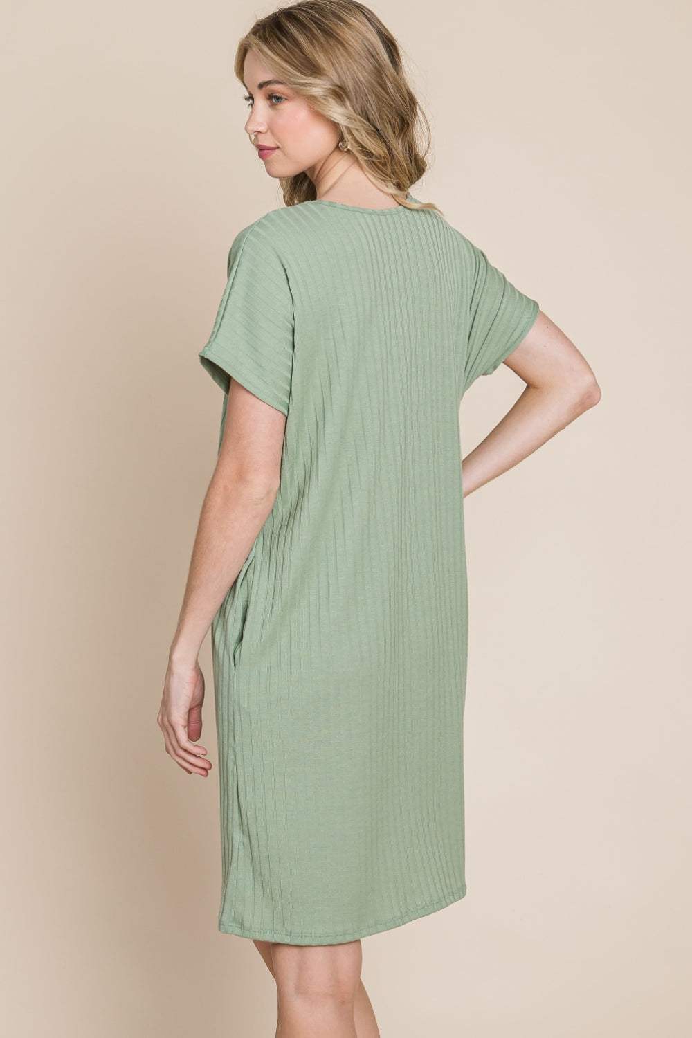 BOMBOM Ribbed Round Neck Short Sleeve Dress - Trendsi - Flyclothing LLC