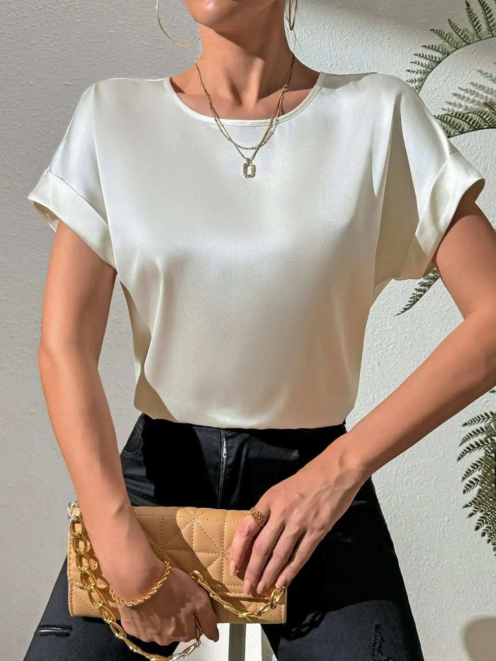 Round Neck Short Sleeve Blouse - Trendsi - Flyclothing LLC