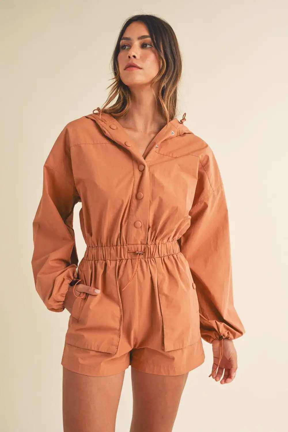 Mable Snap Down Long Sleeve Hooded Romper - Trendsi - Flyclothing LLC