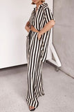 Striped Collared Neck Half Sleeve Top and Pants Set - Trendsi