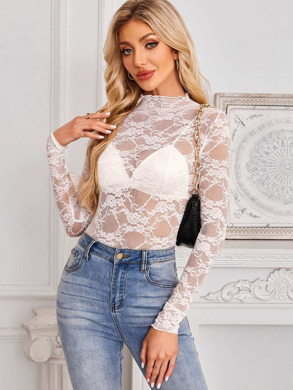 Mock Neck Long Sleeve Lace Sheer Top - Trendsi - Flyclothing LLC