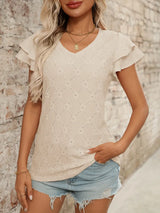 Eyelet V-Neck Ruffled Cap Sleeve Top - Trendsi - Flyclothing LLC