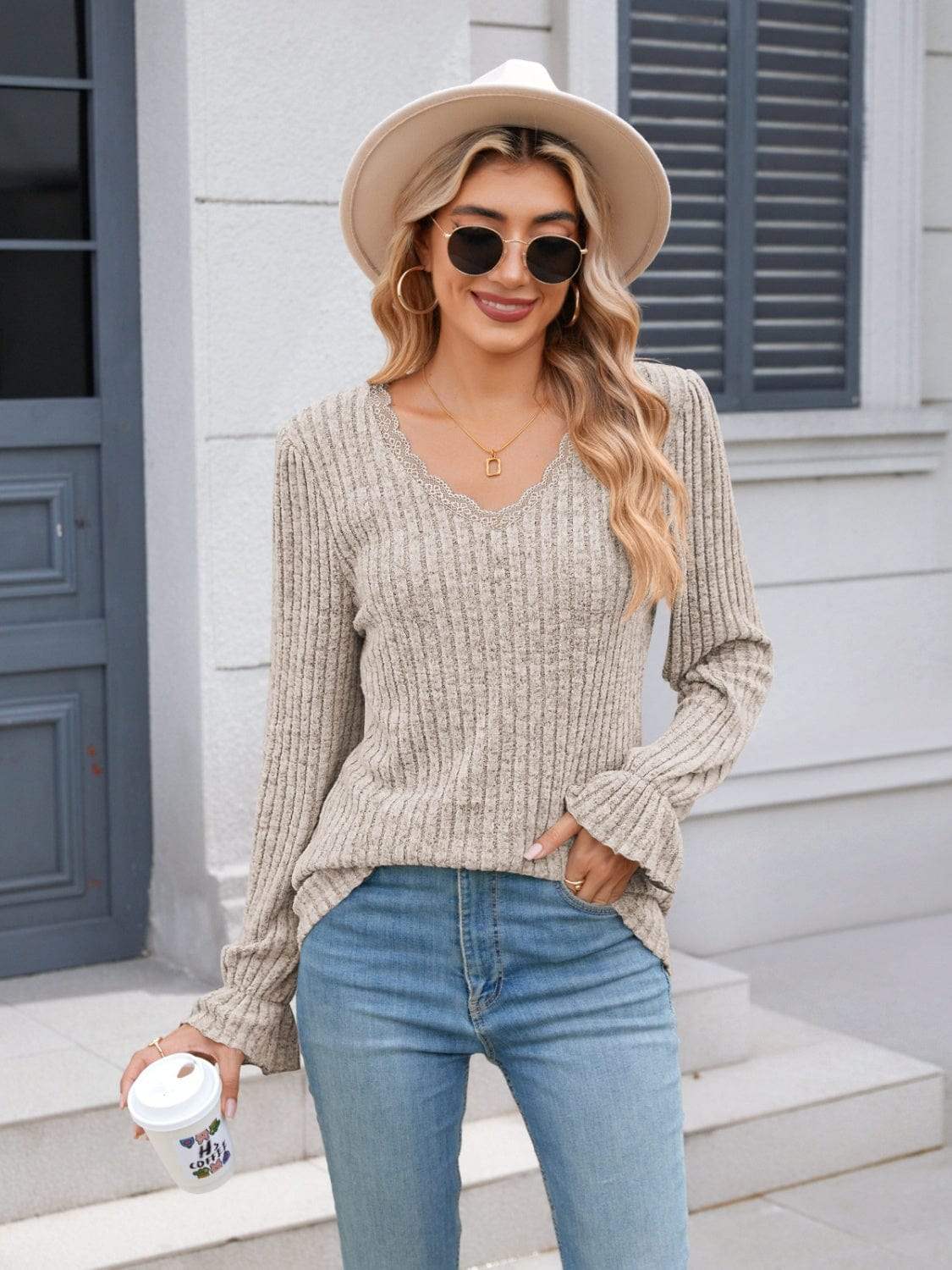 Lace Detail V-Neck Long Sleeve T-Shirt - Trendsi - Flyclothing LLC