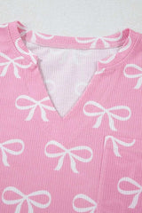 Bowknot Printed Notched T-Shirt and Shorts Set - Trendsi - Flyclothing LLC