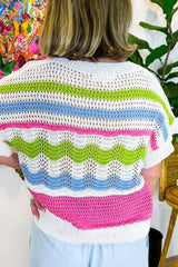 Color Block Crochet Ruffled Short Sleeve Knit Top - Trendsi - Flyclothing LLC