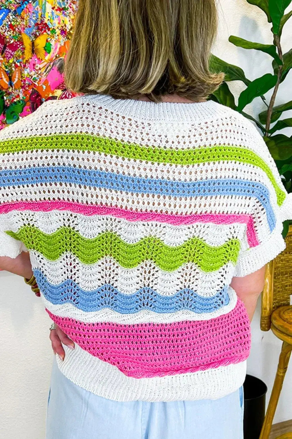 Color Block Crochet Ruffled Short Sleeve Knit Top - Trendsi - Flyclothing LLC