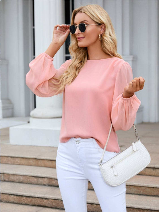 Round Neck Balloon Sleeve Blouse - Trendsi - Flyclothing LLC