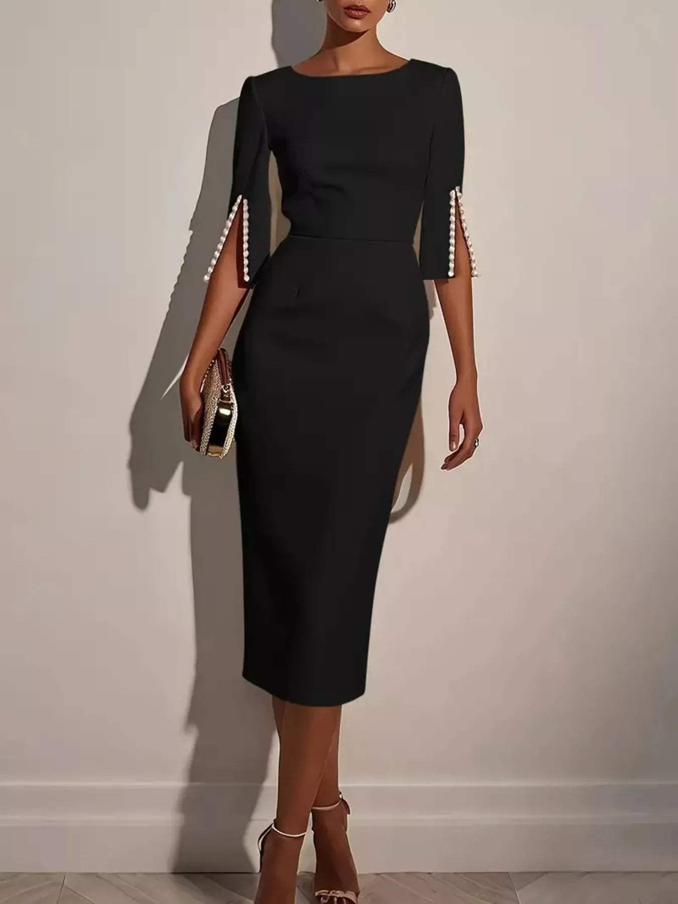 Slim-Fit Elegant Midi Dress with Beaded Slit Sleeve - Trendsi - Flyclothing LLC